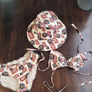 Logo Print Bikini Set with Matching Bucket Hat